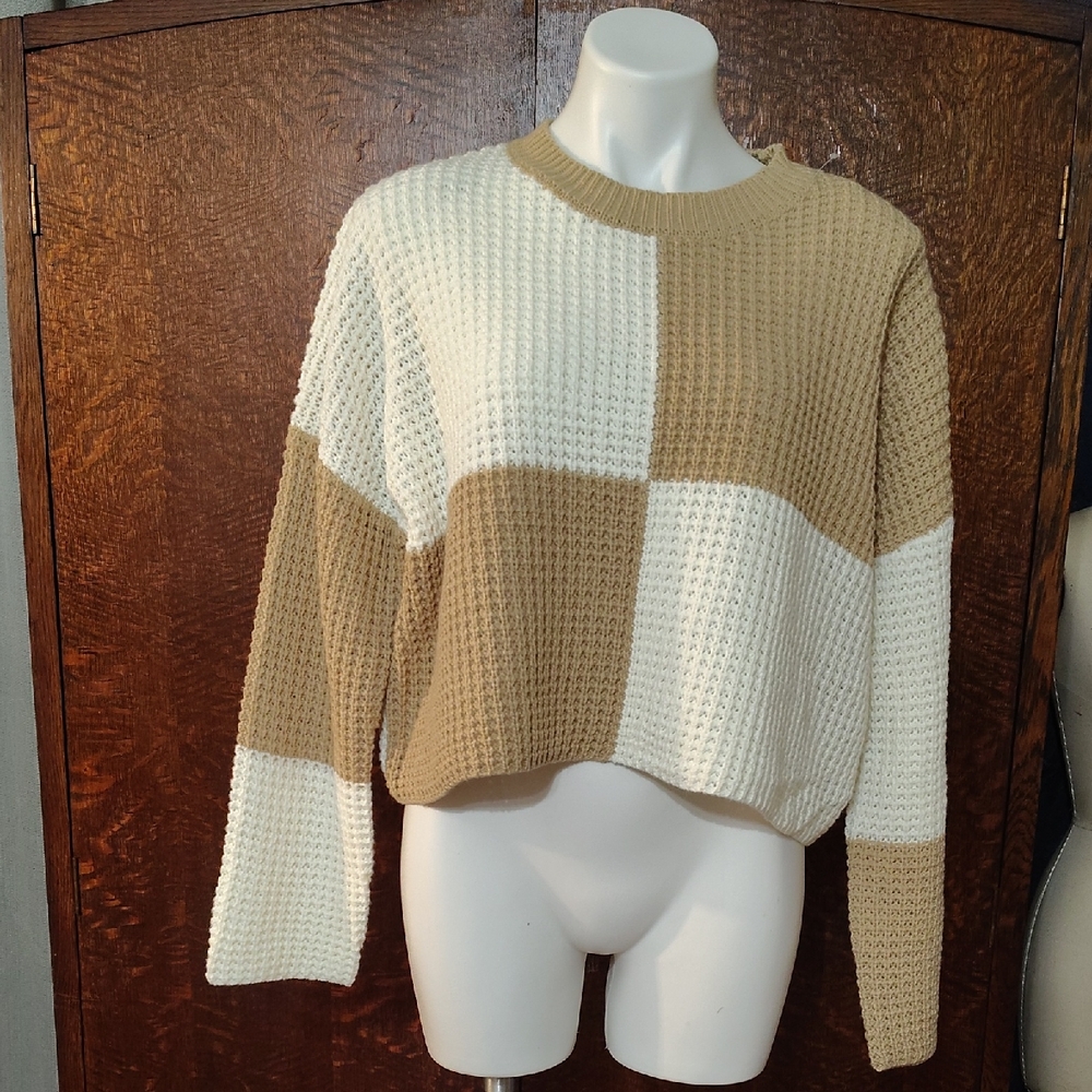 Colorblock JS Knit Sweater - Cream and Tan